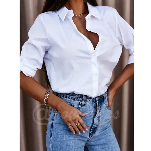 Snow White Button Down Shirt Long Sleeve Collared - Picture 2 of 7